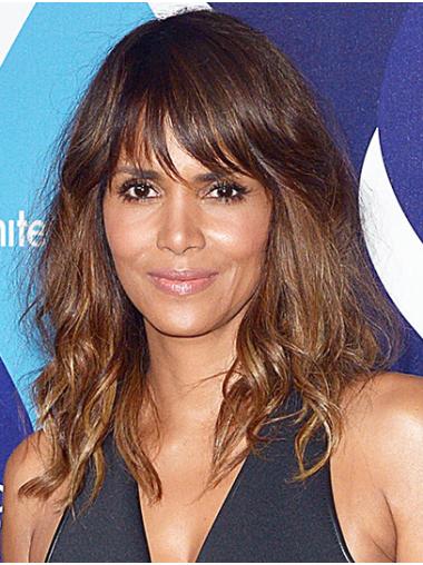 Durable Brown Shoulder Length 14" With Bangs Synthetic Halle Berry Wigs