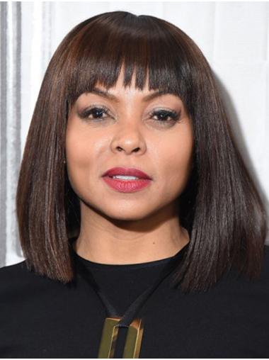 Brown Shoulder Length Straight With Bangs Remy Human Hair 14" Ideal Taraji P. Henson Wigs