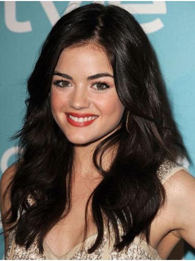 18" Black Wavy Long Without Bangs Remy Human Hair High Quality Lucy Hale Wigs