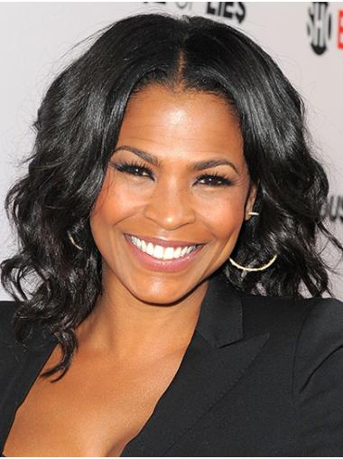 14" Black Wavy Shoulder Length Without Bangs Remy Human Hair Designed Nia Long Wigs