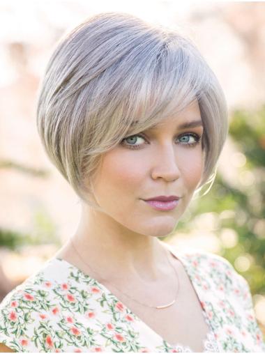 100% Hand-tied Short Straight 8" Bobs Grey Wig For Ladies