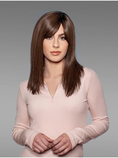 16" Long Straight Brown Remy Human Hair Flexibility Hand-tied Wigs