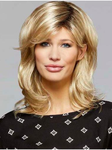 Wavy Blonde Synthetic 14" With Bangs Durable Medium Wigs