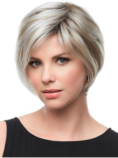 8" Short Synthetic Grey With Blonde Stylish Bob Wigs