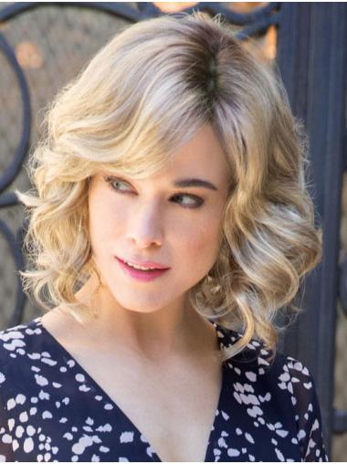 Wavy With Bangs Ideal Blonde Monofilament Medium Wigs