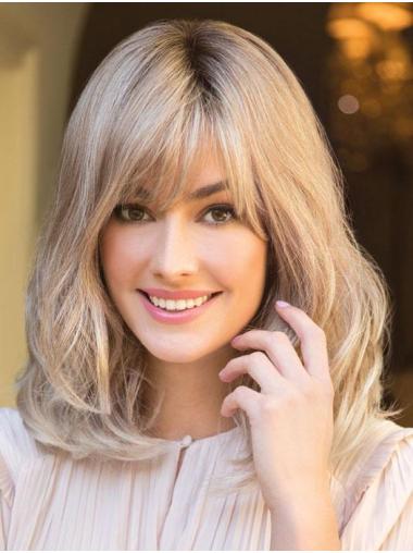 Wavy With Bangs Gorgeous Blonde Monofilament Medium Wigs