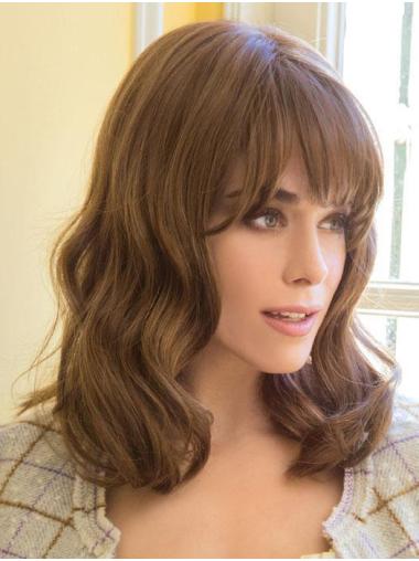 Wavy With Bangs Style Brown Monofilament Medium Wigs