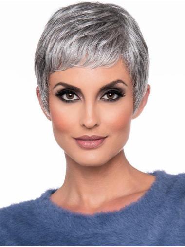 Straight Cropped Monofilament Remy Human Hair High Quality Grey Wigs