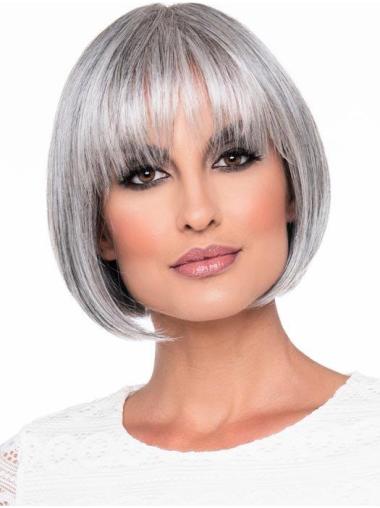 Straight Chin Length Monofilament Remy Human Hair Stylish Grey Wigs
