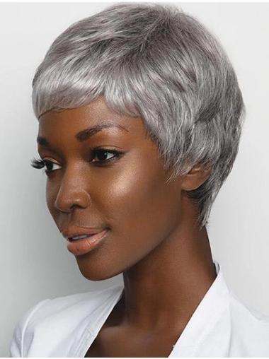 4" Grey Cropped Synthetic Layered African American Wig