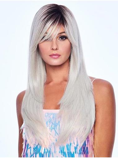 Straight Black To Grey With Bangs 18" Very Cheap Synthetic Wigs