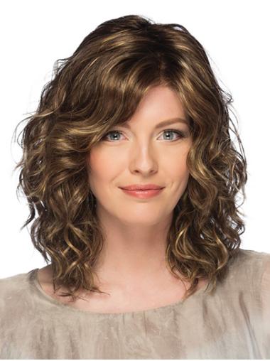 14" Shoulder Length Curly Brown Synthetic With Bangs Monofilament Wigs For Women