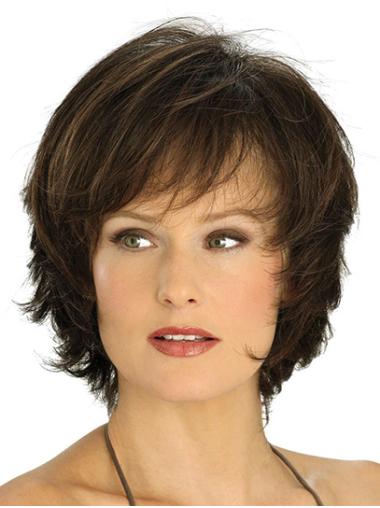 Short Wavy Brown With Bangs Synthetic Comfortable Lace Wigs