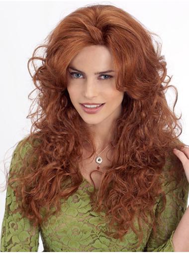16" Curly Monofilament Auburn Without Bangs Long Wigs