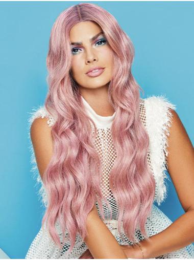 22" Wavy Pink Without Bangs Synthetic Suitable Long Wigs