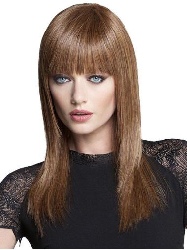 16" Straight Brown With Bangs Synthetic Soft Long Wigs