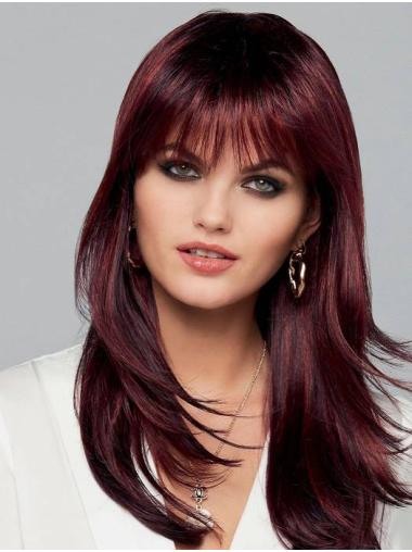 16" Straight Red With Bangs Synthetic Natural Hair Long Wig
