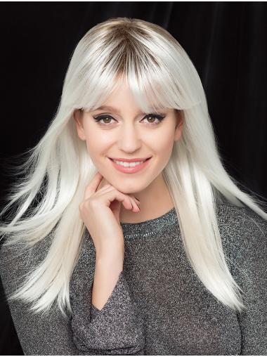 16" Straight Platinum Blonde With Bangs Synthetic Ladies Long Wig 