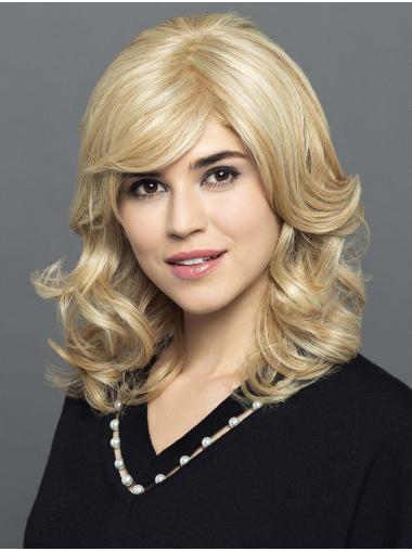 Curly 100% Hand-Tied Blonde With Bangs Shoulder Length Comfortable Lace Wigs