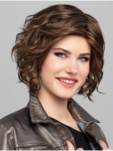 Curly Monofilament Brown Bobs Chin Length Sleek Lace Wigs