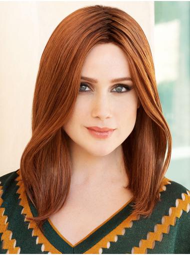 Straight 100% Hand-Tied Auburn Without Bangs Shoulder Length Real Human Hair Wigs