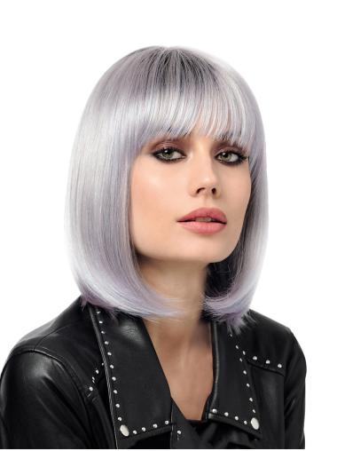 12" Chin Length Straight Grey Bobs Synthetic Sassy Monofilament Wigs