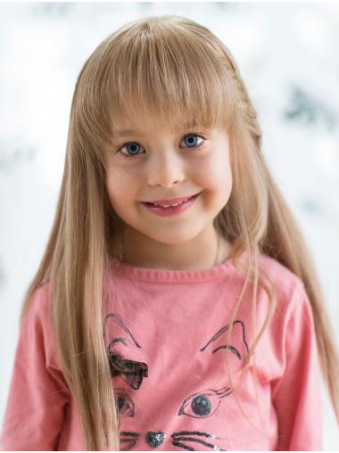 Straight 100% Hand-Tied Blonde With Bangs Long Stylish Kids Wigs