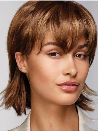 Straight Monofilament Brown With Bangs Chin Length Realistic Looking Synthetic Wigs