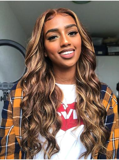 Human Hair Wig Highlight Brown Ombre Colored Without Bangs Lace Frontal Wig