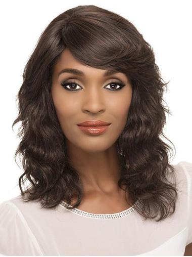 14" Wavy Brown Remy Human Hair Capless Women African American Wigs