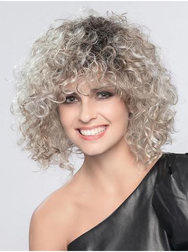 Shoulder Length Monofilament Ombre/2 tone Curly With Bangs Great Medium Wigs
