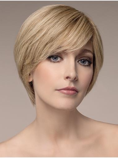 Short Monofilament With Bangs Straight Blonde Ladies Human Hair Wigs