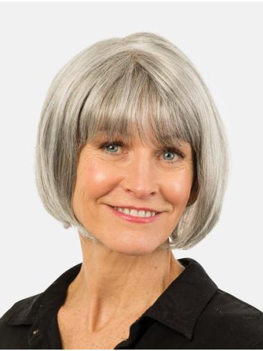 Chin Length Remy Human Hair Grey Bobs 10" Straight Best Hand Tied Wigs