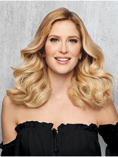 Shoulder Length Blonde 14" Synthetic Wavy Without Bangs Medium Length Wigs For Women