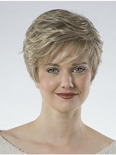 Short Platinum Blonde 8" Synthetic Wavy Layered Monofilament Wigs
