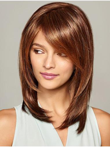 Shoulder Length Brown Straight Monofilament 12" With Bangs Best Synthetic Wigs