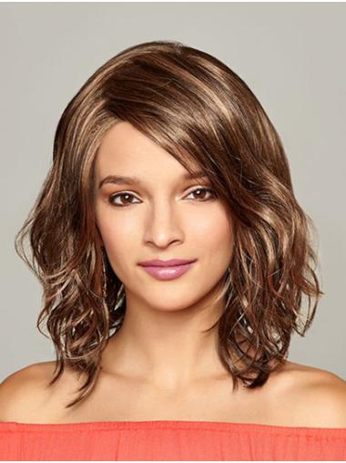 Shoulder Length Brown Wavy Monofilament 12" Without Bangs Synthetic Wigs Women