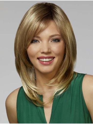 Shoulder Length Blonde Straight Monofilament 14" With Bangs Synthetic Wigs For Women