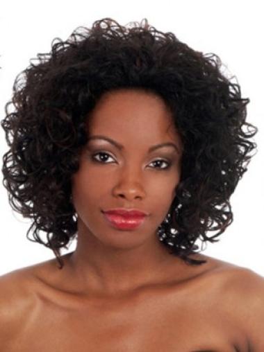 Black Without Bangs Curly No-fuss Medium Wigs