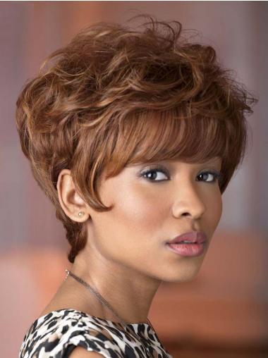 Brown With Bangs Wavy Durable African American Wigs