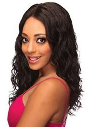 Wavy Black Without Bangs Convenient Remy Human Lace Wigs