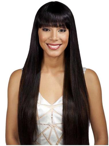 Straight Black With Bangs Durable Full Lace Wigs