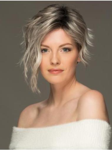 8" Platinum Blonde Short Synthetic Grey 100% Hand-Tied Wig