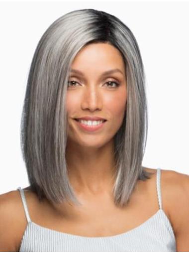 14" Platinum Blonde Shoulder Length Synthetic Grey Hand Made Wigs