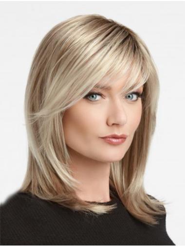Shoulder Length Straight Platinum Blonde With Bangs Synthetic Fabulous Monofilament Wigs
