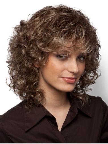 Brown With Bangs Curly Fashionable Monofilament Wigs