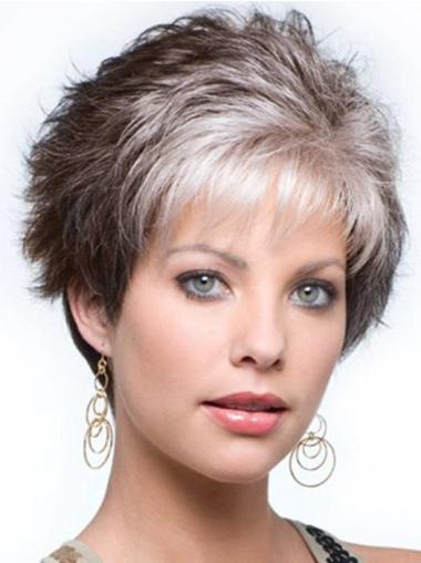 4" Capless Curly Cropped Synthetic Salt And Pepper Grey Wigs