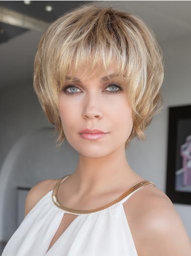Short 8" With Bangs Wavy Brown High Heat Wigs