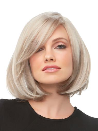 12" 100% Hand-tied With Bangs Straight Blonde Medium Long Wigs
