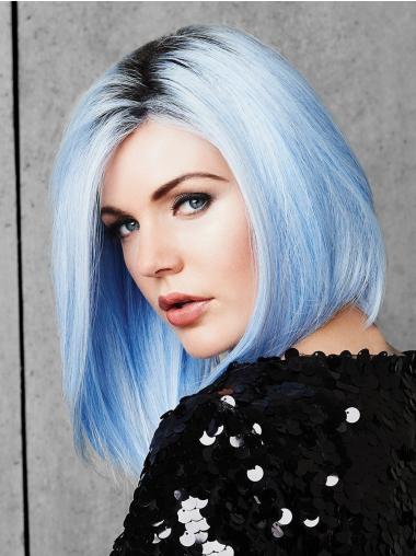 Straight 12" Chin Length Without Bangs Blue Ladies Wigs Cheap Synthetic